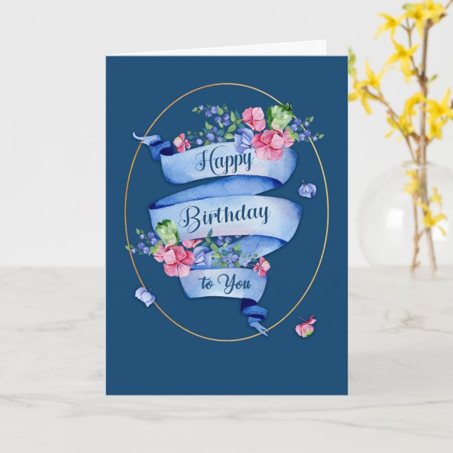 Classic Blue Birthday Ribbon with Flowers & Frame Card (Yellow Flower)
