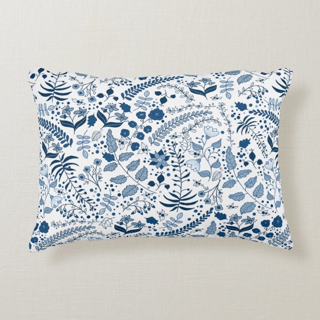 Classic Blue Boho Flowers | Beautiful Accent Pillow (Front)