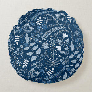 Classic Blue Boho Flowers Beautiful Round Pillow