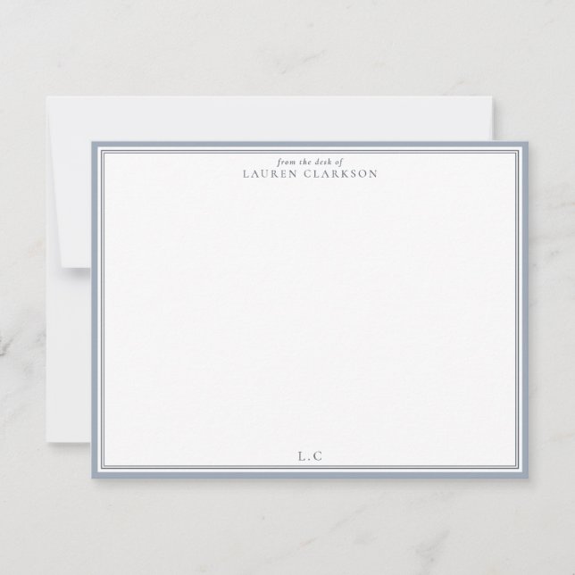 Classic Blue Border Monogram Stationery Note Card (Front)