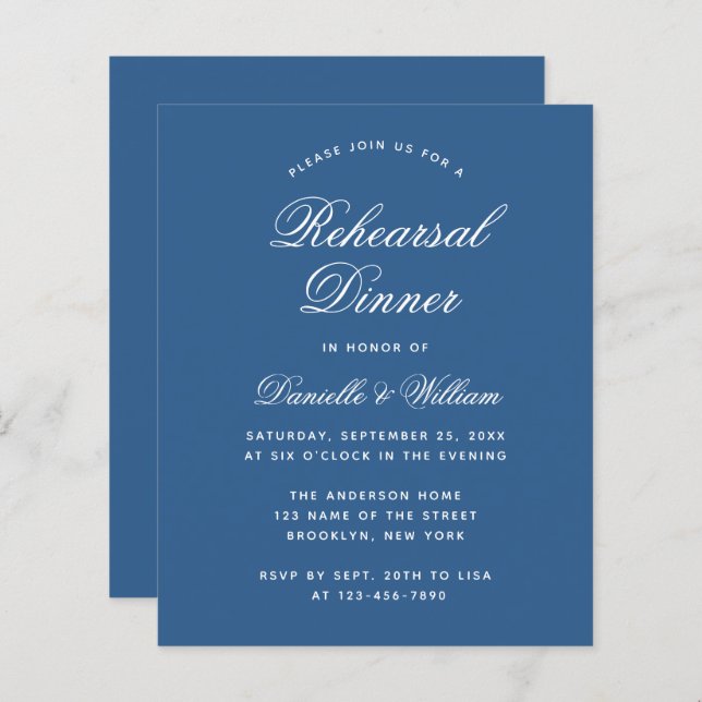 Classic Blue Budget Rehearsal Dinner Invitation (Front/Back)