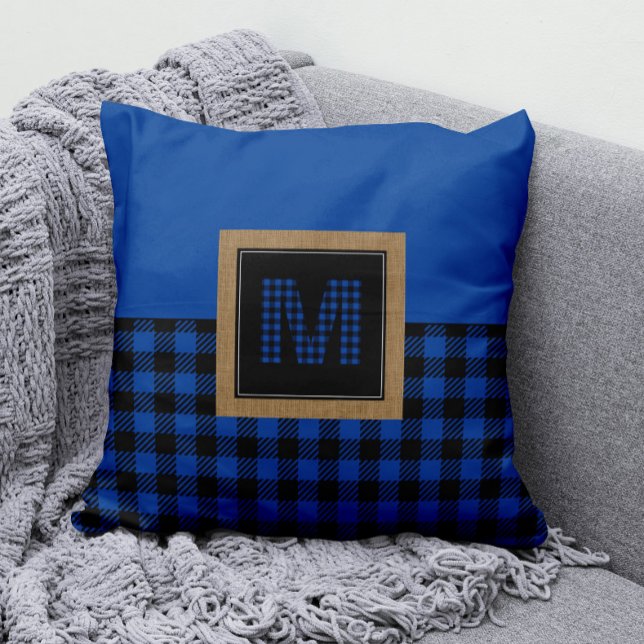 Classic Blue Buffalo Plaid Gingham Monogram Throw Pillow (Monogram Blue and Black Buffalo Check Pillow )