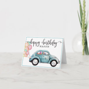 Classic Blue Bug Car w/ Balloons   Blank Birthday Card