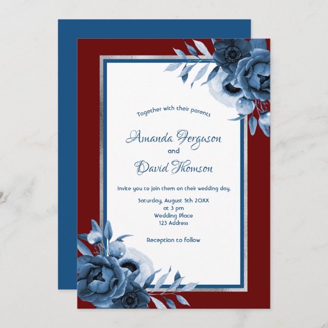 Classic blue burgundy florals silver wedding invitation (Front/Back)