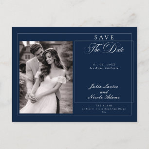 Classic Blue Calligraphy Photo Save The Date Postcard