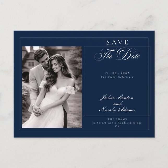 Classic Blue Calligraphy Photo Save The Date Postcard (Front)
