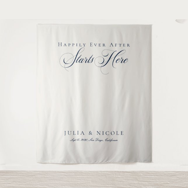 Classic Blue Calligraphy Wedding Backdrops Banner Tapestry (Front)