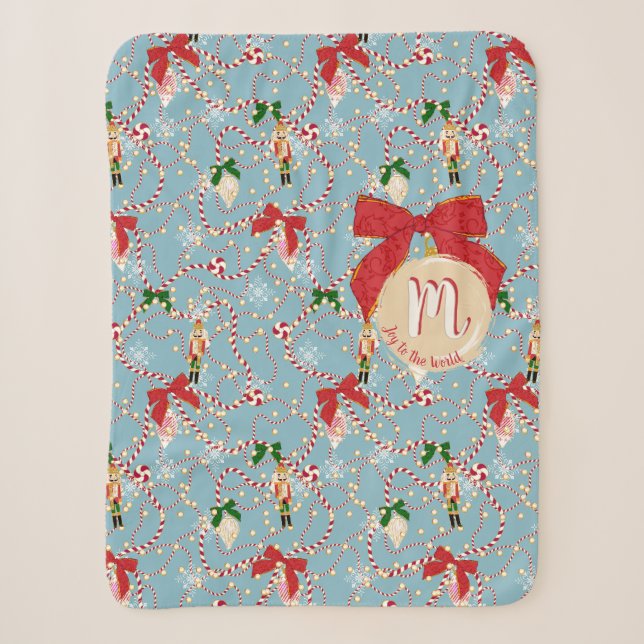 Classic Blue Candy Cane Script Initial Sherpa Blanket (Front)