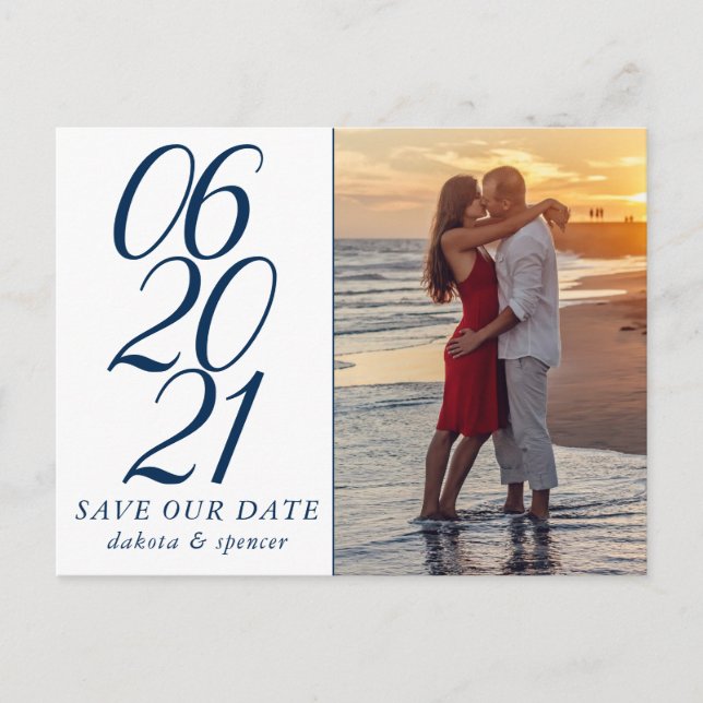 Classic Blue Casual Script Save Our Date Photo Announcement Postcard (Front)