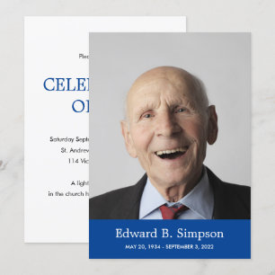 Classic Blue Celebration Of Life With Photo Invitation