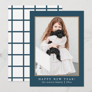 Classic Blue Check Happy New Year Script Photo Holiday Card