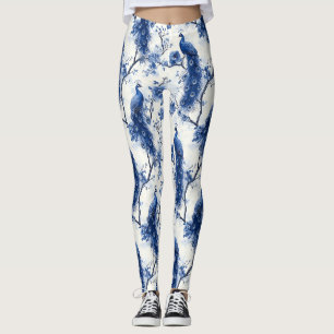 Classic Blue Chinoiserie Watercolor French Peacock Leggings