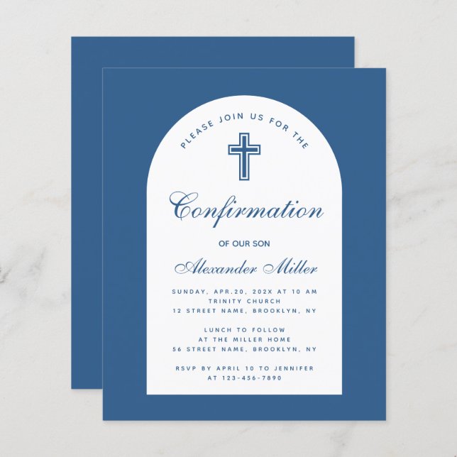 Classic Blue Confirmation Budget Arch Invitation (Front/Back)