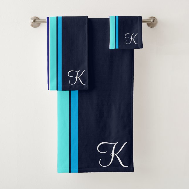 Classic Blue Cursive Monogrammed Line Art  Bath Towel Set (Insitu)