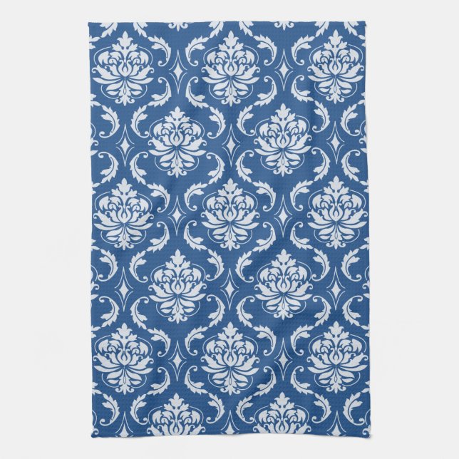 Classic Blue Damask Pattern Kitchen Towel (Vertical)