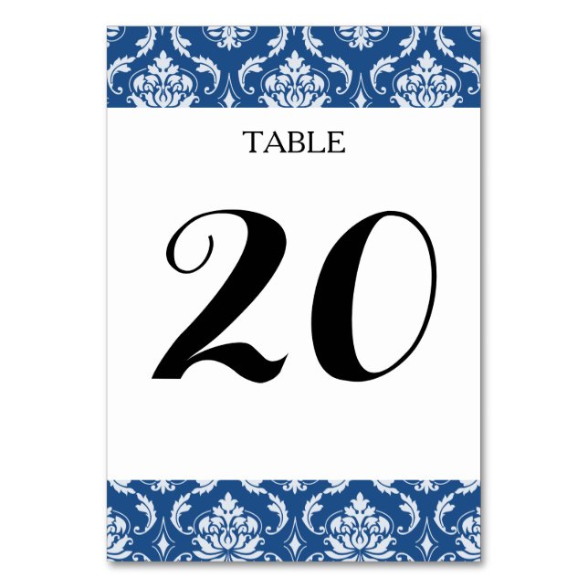 Classic Blue Damask Pattern Table Number (Front)