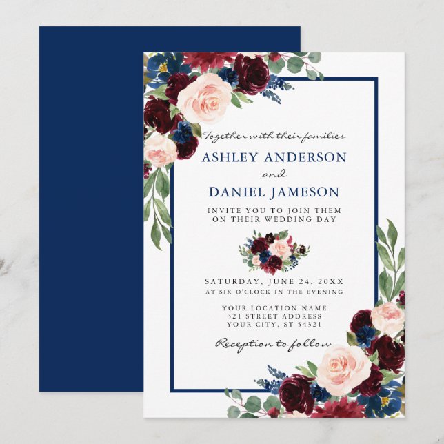 Classic Blue Elegant Watercolor Floral Wedding Invitation (Front/Back)