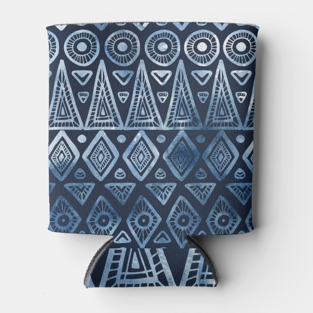 Classic Blue Ethnic Seamless Pattern Can Cooler (Front)