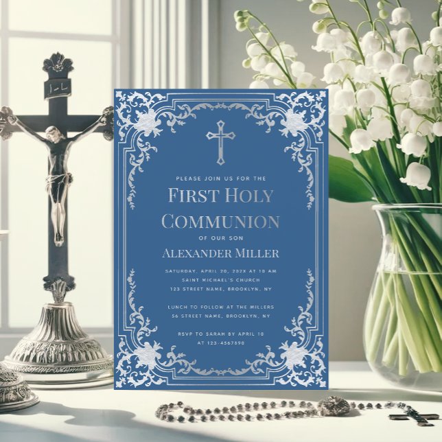 Classic Blue Faux Silver Cross Boy First Communion Invitation (Creator Uploaded)