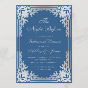 Classic Blue Faux Silver Vintage Rehearsal Dinner Invitation