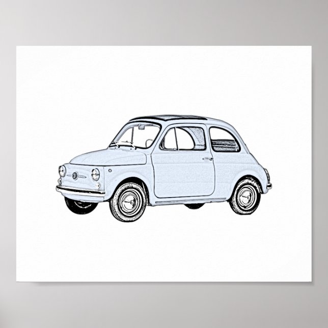 Classic Blue Fiat 500 Pencil Style Rendering Poster (Front)