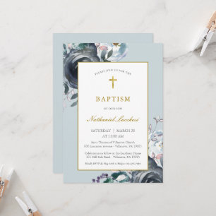 Classic Blue Floral and Gold Foil Baptism Invitation
