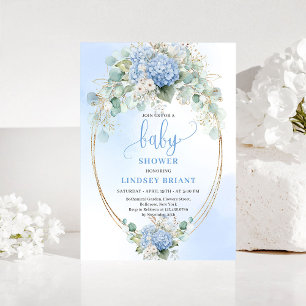 Classic Blue Floral Baby Shower Invitation Gold