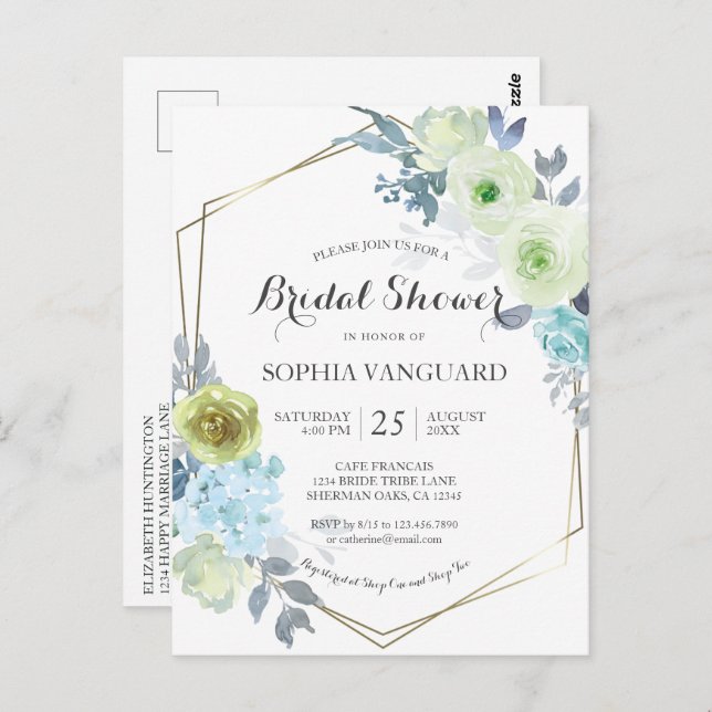 Classic Blue Floral Bridal Shower Invitation  Postcard (Front/Back)