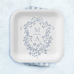 Classic Blue Floral Crest Monogram Wedding Paper Plate<br><div class="desc">Elegant French victorian blue floral wedding paper plate. For more advanced customization of this design,  please click the DESIGN TOOL BUTTON above!</div>