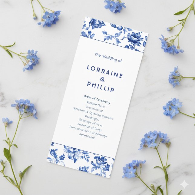 Classic Blue Floral delftware wedding ceremony  Program (Blue delftware inspired wedding program surrounded by flowers.)