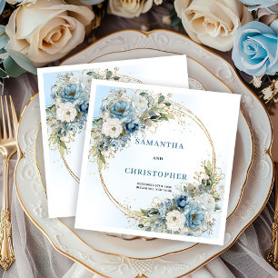 Classic Blue Floral Gold Frame Wedding Napkins