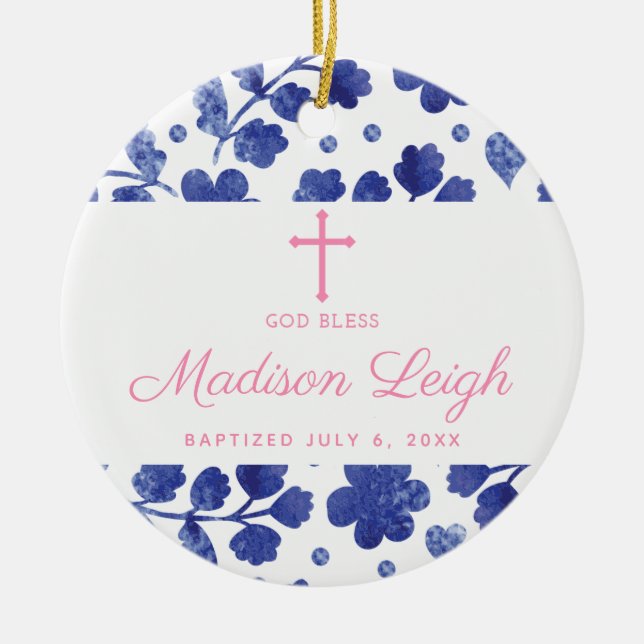 Classic Blue Floral Personalized Girl Baptism Ceramic Ornament (Front)