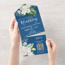 Classic Blue Floral QR Code All In One Invitation