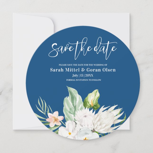 Classic Blue Floral Save The Date Round Invitation (Front)