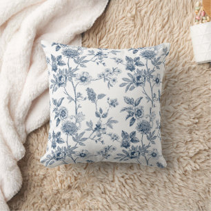 Classic Blue Floral Sketch Pattern  Throw Pillow