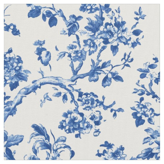 Classic Blue Floral Toile Pattern Fabric (Close Up)