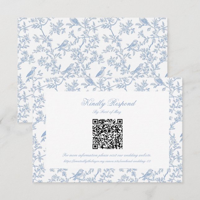 Classic Blue Floral Toile QR code RSVP (Devant / Derrière)