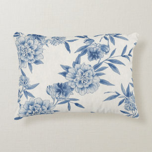Classic Blue Floral Toile Watercolor Pattern White Accent Pillow