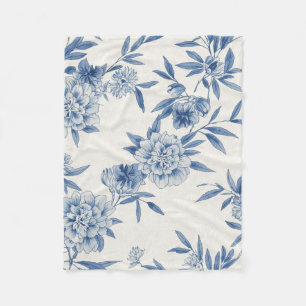 Classic Blue Floral Toile Watercolor Pattern White Fleece Blanket