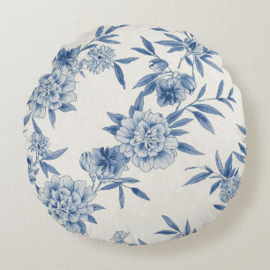 Classic Blue Floral Toile Watercolor Pattern White Round Pillow