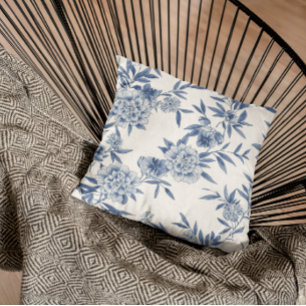 Classic Blue Floral Toile Watercolor Pattern White Throw Pillow