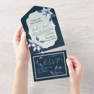 Classic Blue Floral Wedding All In One Invitation
