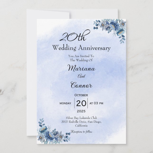 Classic Blue Floral Wedding Anniversary Invitation (Front)