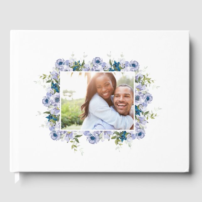 Classic Blue Floral Wedding Engagement Photo Guest Book (Front)
