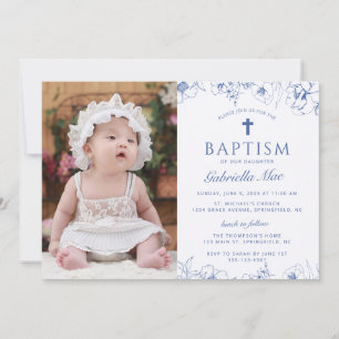 Classic Blue Flowers Baptism Photo Invitation