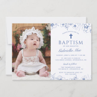 Classic Blue Flowers Baptism Photo Invitation