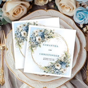 Classic Blue Flowers Gold Frame Wedding Napkins