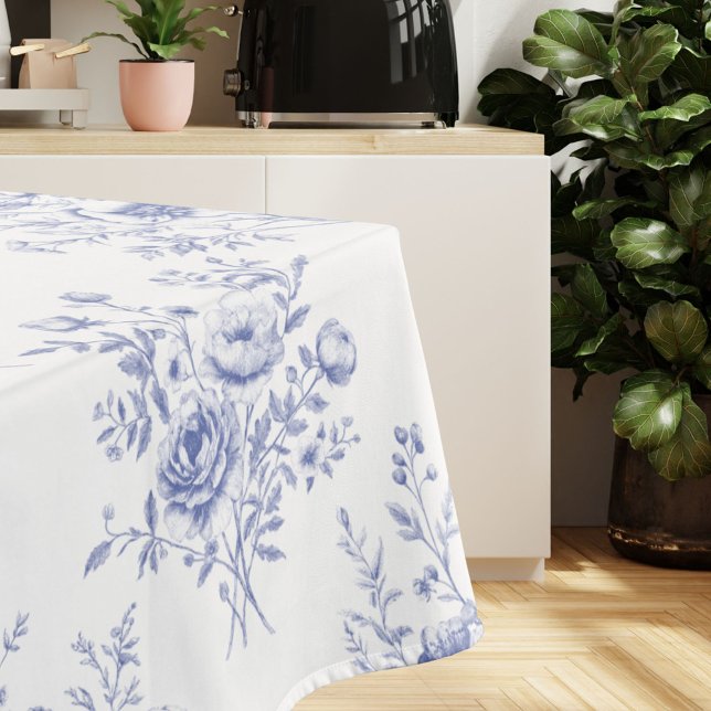 Classic Blue Flowers Pattern French blue toile Tablecloth (In situ)