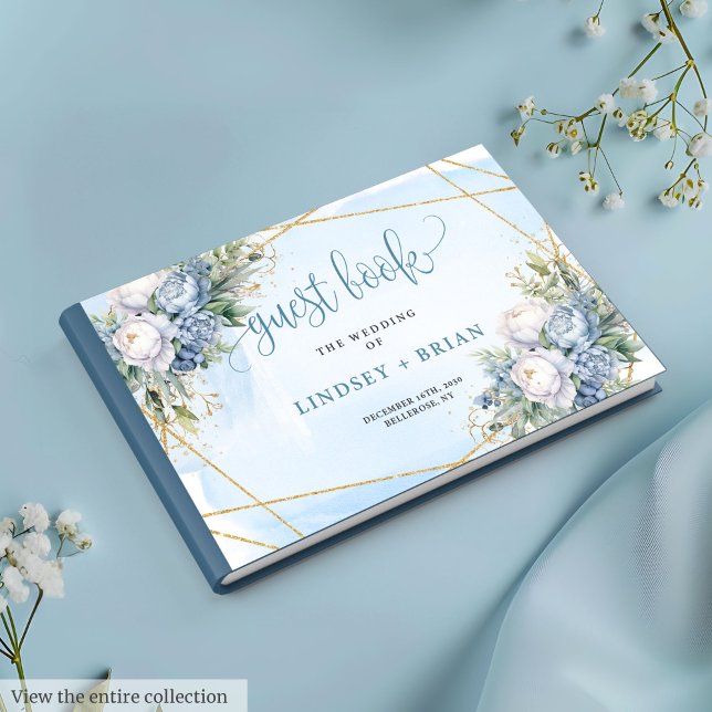 Classic Blue Flowers White Gold Mariage livre d'hô (Classic Blue Flowers White Gold Wedding Guest Book

)