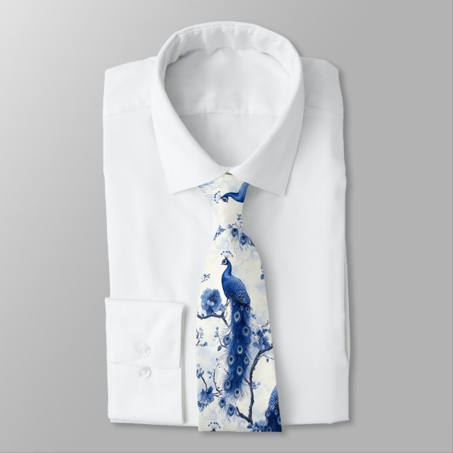 Classic Blue French Chinoiserie Peacock Watercolor Tie (Tied)